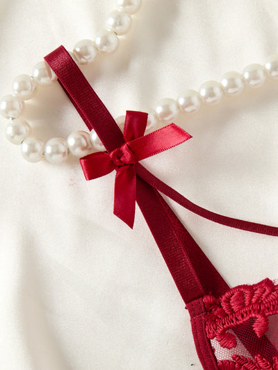 Ladies' wine-red countryside style wheat ear embroidery semitransparent nightgown - LKBA