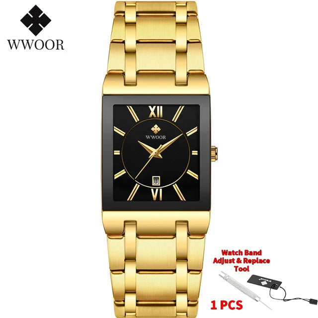 Fashion Stainless Steel Watches Men 2024 WWOOR Square Waterproof Quartz Watch Men Top Brand Luxury Gold Black Wristwatch For Man