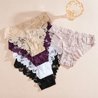 2Pcs Women's Satin Floral Lace Underwear Sexy Hollow Out Panties Solid Low-Waist Perspective Briefs Girls Soft Lingerie - LKBA