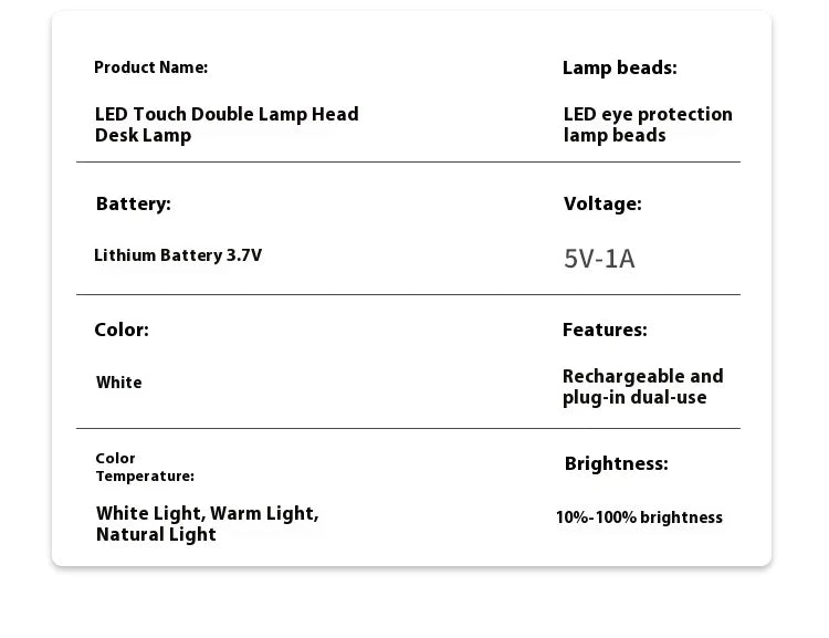 LED double-head desk lamp, 3-level dimmable touch night light, USB rechargeable, eye-protection, foldable bedside reading desk - LKBA