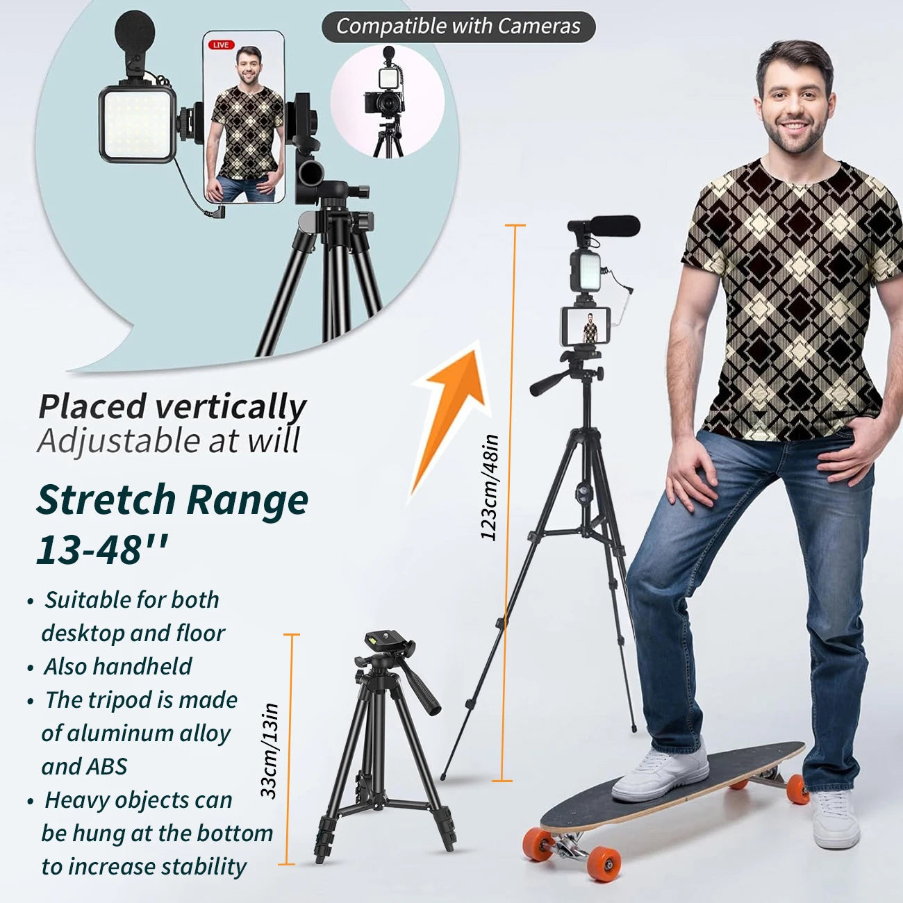 Portable Vlogging Kit 48IN Phone Camera Tripod with Microphone LED Light for Photo Vlog Selfie Interview Live Streaming - LKBA