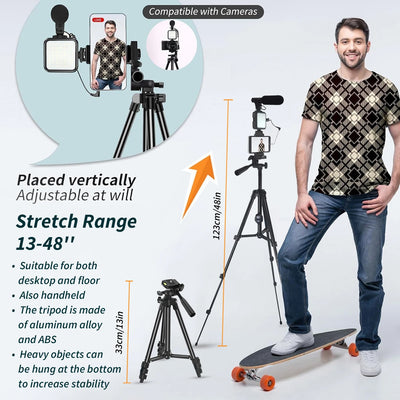 Portable Vlogging Kit 48IN Phone Camera Tripod with Microphone LED Light for Photo Vlog Selfie Interview Live Streaming - LKBA
