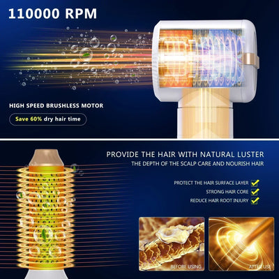 7 In 1 Hair Dryer Brush Brushless High Speed Hair Dryer with Diffuser Ionic Blow Dryer Hot Air Styling Comb Auto Hair Curler - LKBA