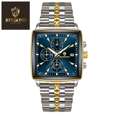 BINBOND Luxury Square Sport Man Wristwatch Waterproof Luminous Chronograph Quartz Men's Watches Stainless Steel Men Watch Reloj - LKBA