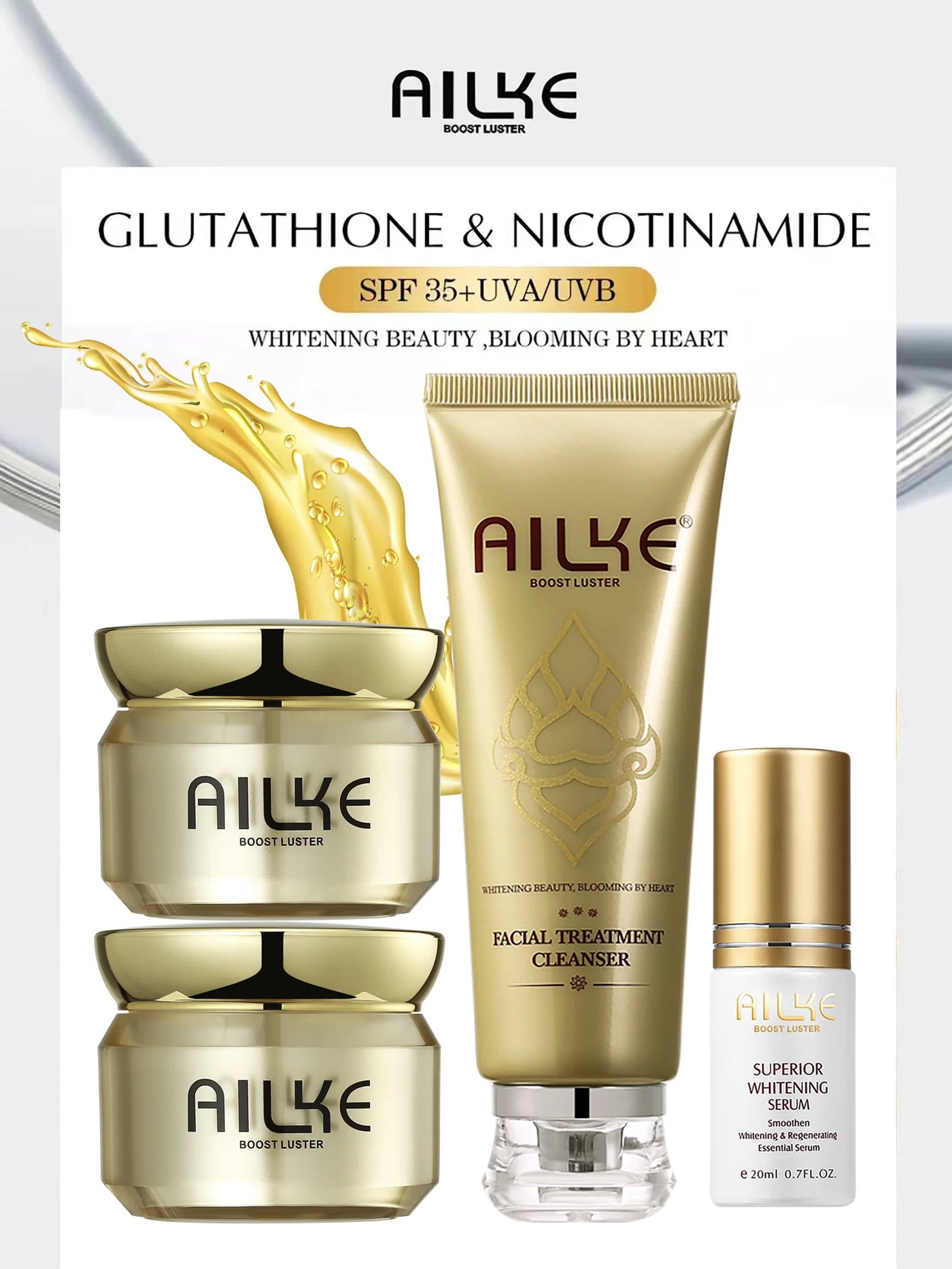 AILKE Lightening Facial Skin Care Cream With Glutathione, Reduce Dark Spots, Improve Dull Skin, Moisturizing Face Clean Set - LKBA