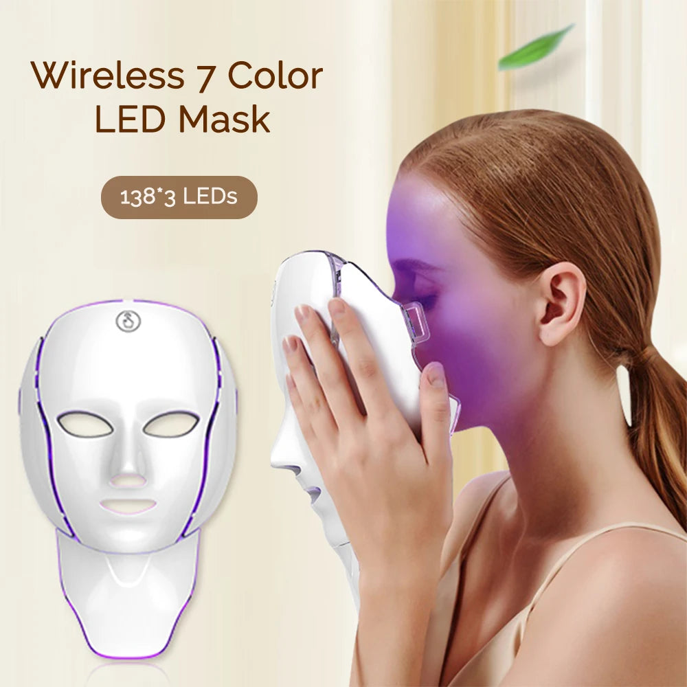 LED Facial Mask with Neck 7 Colors Light Therapy Red Light Facial Mask for Anti-Aging Rejuvenation Brighten Skin Beauty Device - LKBA