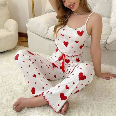 Women Sleepwear Autumn Winter Pajamas Sets Heart Print Sleeveless Cami Vest with Long Pants Trouser Set Sexy Lingerie Pyjamas - LKBA