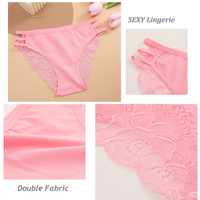 3PC/Set Women's Sexy Floral Lace Panties Low Rise Hollow Out Briefs Transparent Underwear Female Elastic Straps Soft Lingerie - LKBA