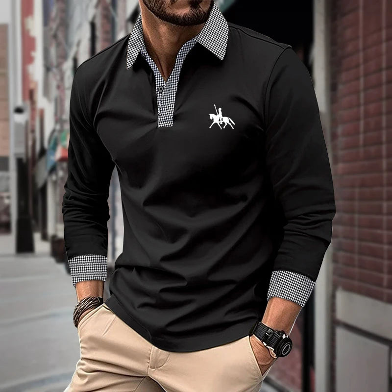 Spring and Autumn Men's Long Sleeve Polo Shirt Classic Business Office T-shirt Male Street Casual Fashion Solid Color Top - LKBA