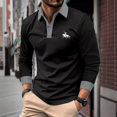 Spring and Autumn Men's Long Sleeve Polo Shirt Classic Business Office T-shirt Male Street Casual Fashion Solid Color Top - LKBA
