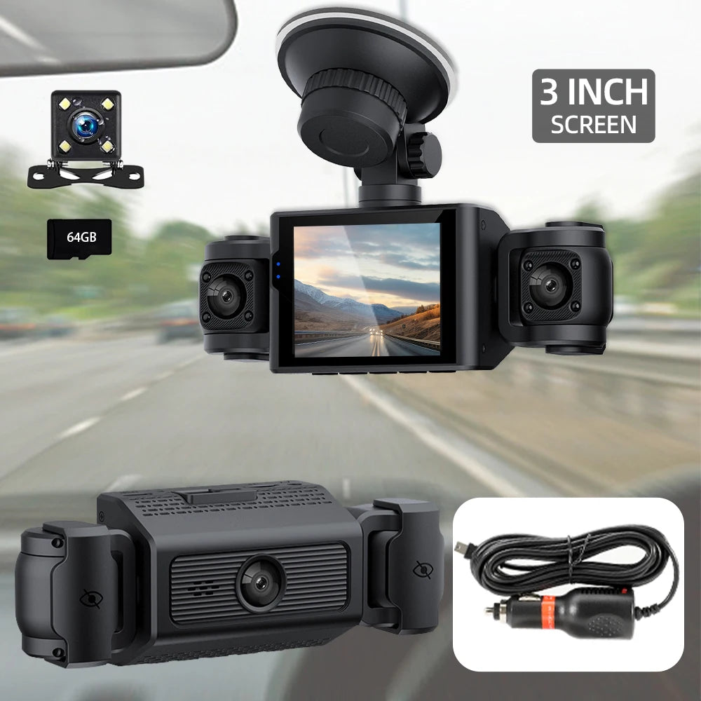 Dash Cam W/ IR Night Vision Loop Recording 3" IPS Screen 360° Rotatable 1080P 4 Camera Front/Rear/Left/Right Cars Driving DVR - LKBA