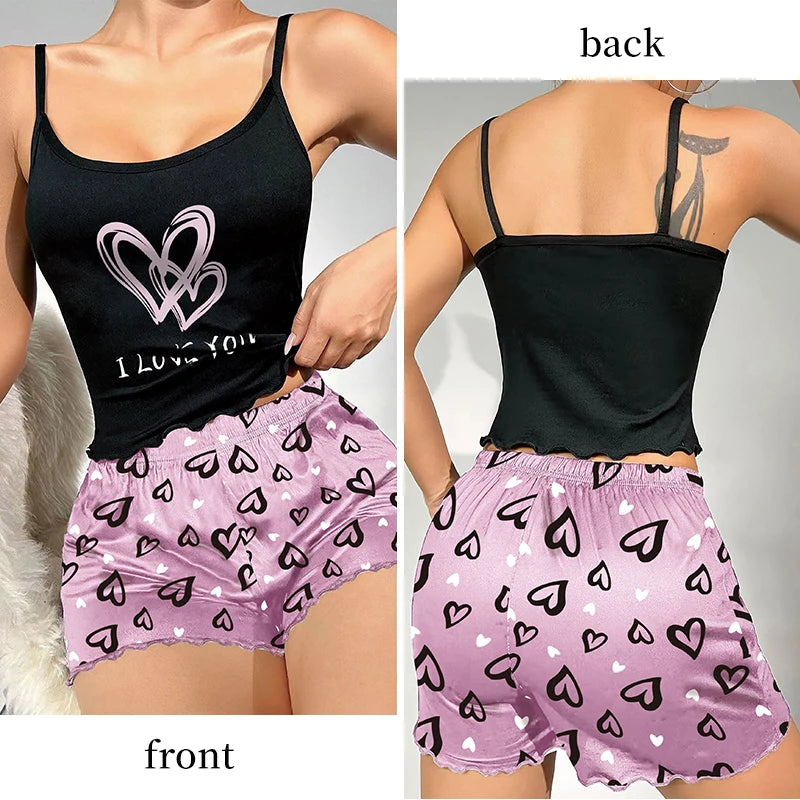 Women's Milk Silk Pajamas Set Summer Sleeveless Heart Print Shorts Sleepwear Sexy Comfortable Loungewear Two Piece - LKBA