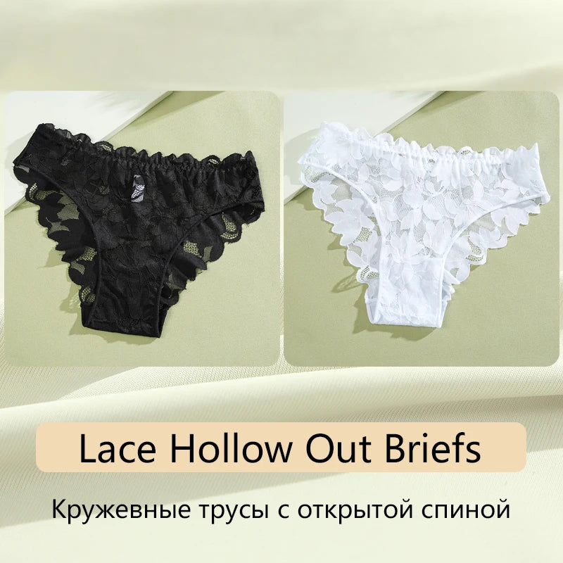 2Pcs Women's Satin Floral Lace Underwear Sexy Hollow Out Panties Solid Low-Waist Perspective Briefs Girls Soft Lingerie - LKBA