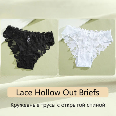 2Pcs Women's Satin Floral Lace Underwear Sexy Hollow Out Panties Solid Low-Waist Perspective Briefs Girls Soft Lingerie - LKBA