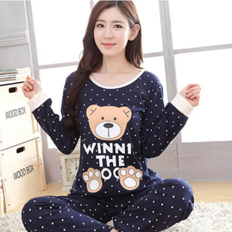 Autumn 2pieces Pyjamas Set Women Thin Sexy Sleepwear Lovely Home Suit 2025 Round Neck Girls Teacup Sleepwear Long Sleeve Pajamas - LKBA