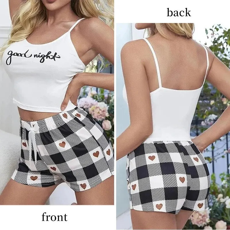 Summer Women's Sexy Camisole Pajama Set Women's Printed Letter Top Paired with Checkered Printed Shorts Home Pajama Set - LKBA
