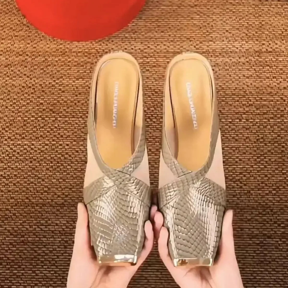 2025 New Women's Fashion Iron Head Thick Heel High Heel Half Slippers Summer Outdoor Wear Rubber Upper Foot Cover Shoes - LKBA