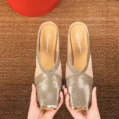 2025 New Women's Fashion Iron Head Thick Heel High Heel Half Slippers Summer Outdoor Wear Rubber Upper Foot Cover Shoes - LKBA