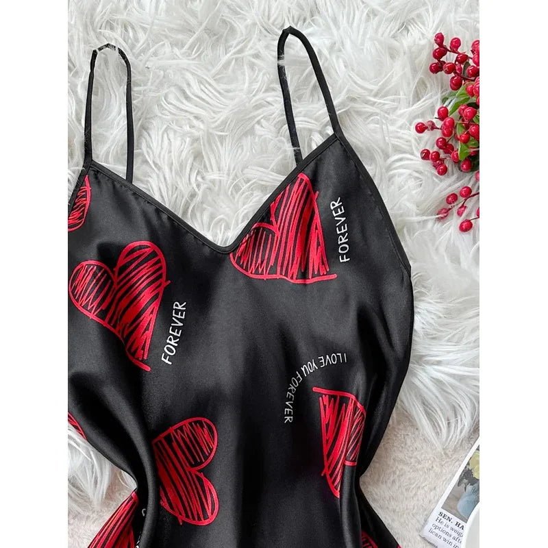 Valentine's Day Red Lip Print Satin Slip Nightdress V Neck Backless Mini Sleep Dress Women's Sleepwear Dresses - LKBA