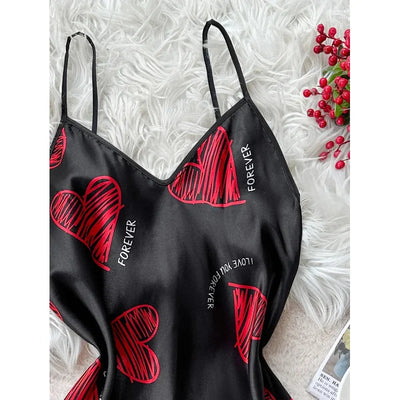 Valentine's Day Red Lip Print Satin Slip Nightdress V Neck Backless Mini Sleep Dress Women's Sleepwear Dresses - LKBA