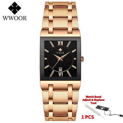 Fashion Stainless Steel Watches Men 2024 WWOOR Square Waterproof Quartz Watch Men Top Brand Luxury Gold Black Wristwatch For Man
