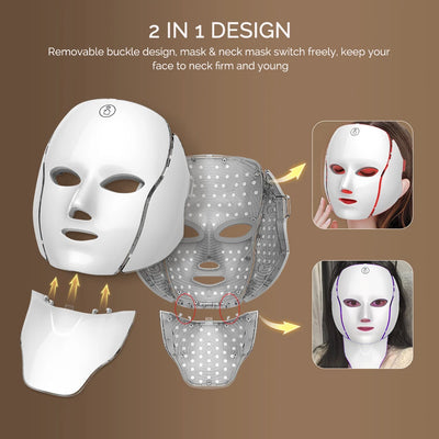 LED Facial Mask with Neck 7 Colors Light Therapy Red Light Facial Mask for Anti-Aging Rejuvenation Brighten Skin Beauty Device - LKBA