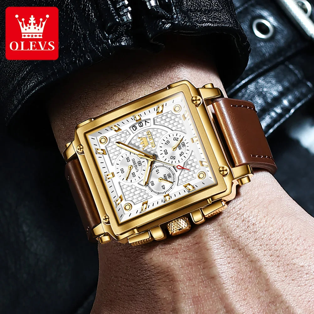 OLEVS Luxury Classic Men's Watches Top Brand Original Quartz Square Quartz Watch for Man Leather Strap Waterproof Luminous Date - LKBA