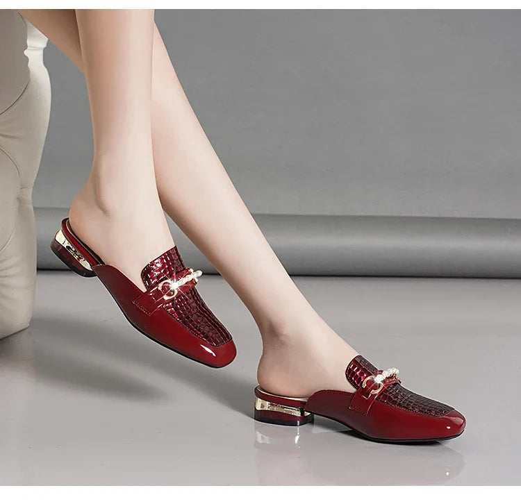 Summer New Pearl Painted Leather Low Heel Women's Slippers High Quality Flat Bottom Half Slippers Comfortable Fashionable - LKBA
