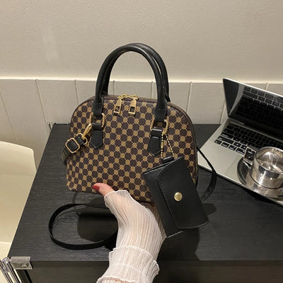 Luxury Shell Fashion Women's Handbag Simple Shoulder Bag Plaid Print Crossbody Bag with Mini Purse