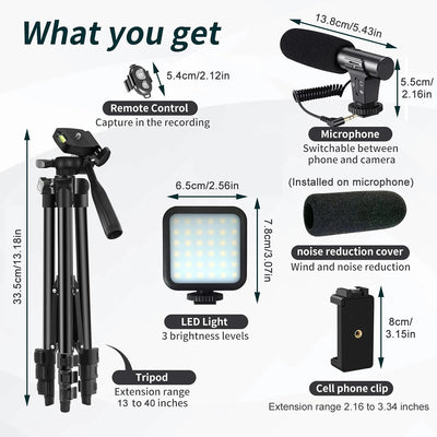 Portable Vlogging Kit 48IN Phone Camera Tripod with Microphone LED Light for Photo Vlog Selfie Interview Live Streaming - LKBA