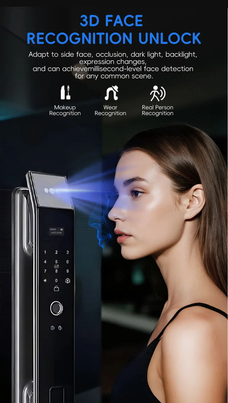 SANKESONG Tuya Smart 3D Face Door Lock Security Camera Monitor Intelligent Fingerprint Password Biometric Dual Battery - LKBA