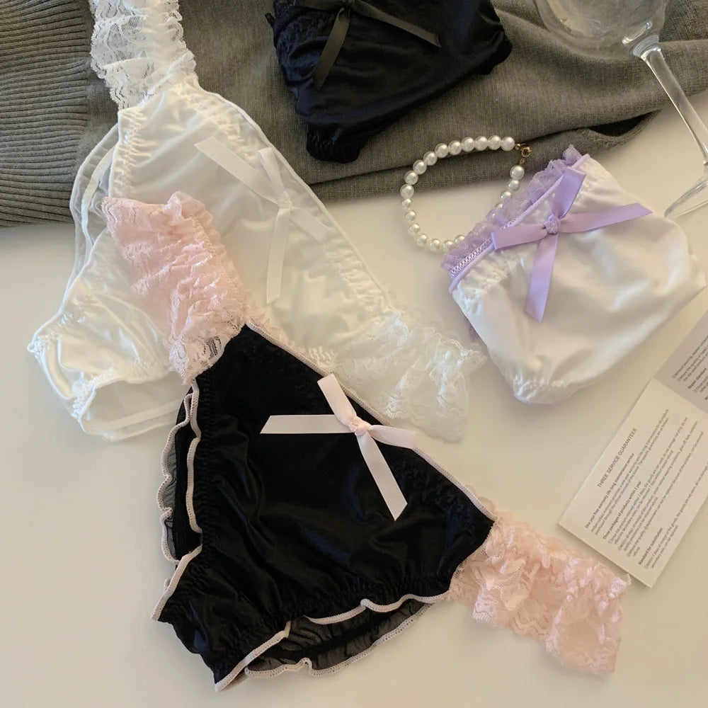 Women's Panties Lace Ruffle Satin Sexy Underwear Women's Low Waist Mesh Hollow Out Panties Sweet Girl Breathable  Briefs Lingeri - LKBA
