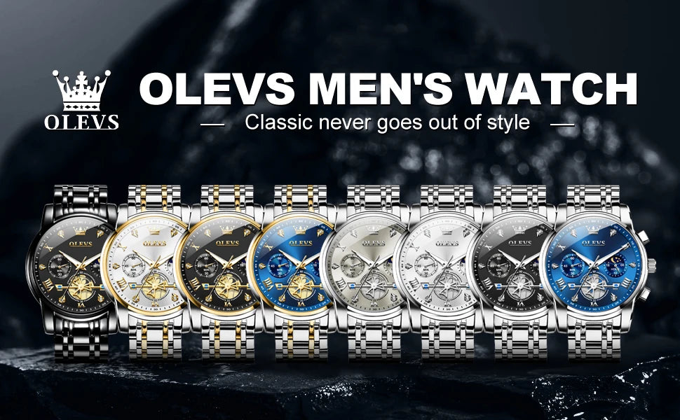 OLEVS 2856 Quartz Watch for Men Flywheel Skeleton Chronograph Moon Phase Multifunctional Stainless steel Men's Wristwatches - LKBA