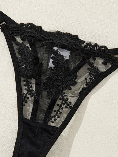 Ladies' wine-red countryside style wheat ear embroidery semitransparent nightgown - LKBA