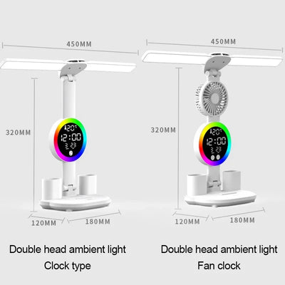 Rechargeable Led Table Lamp for Study Desk Lamp Reading Light Led Night Light with Fan Led Clock Dispaly Reading Desk Light - LKBA