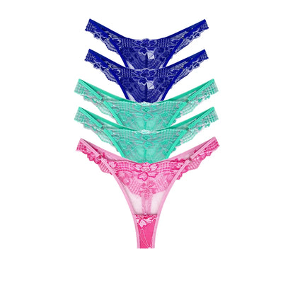 5pcs Lace Ladies G-string Perspective Floral Panties Low Waist Sexy Female Thongs Comfortable Breathable Intimate Lingerie Set - LKBA