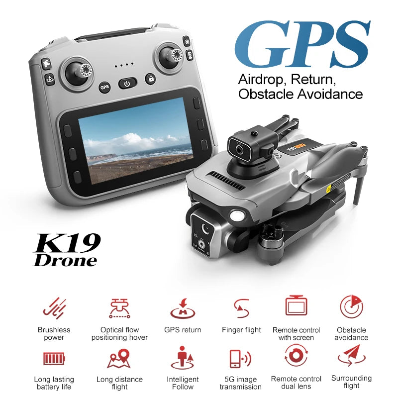 New K19 Max Drone 4.5-Inch Large Screen 360° Obstacle Avoidance GPS Positioning Optical Flow Positioning RC Airdrop Device - LKBA