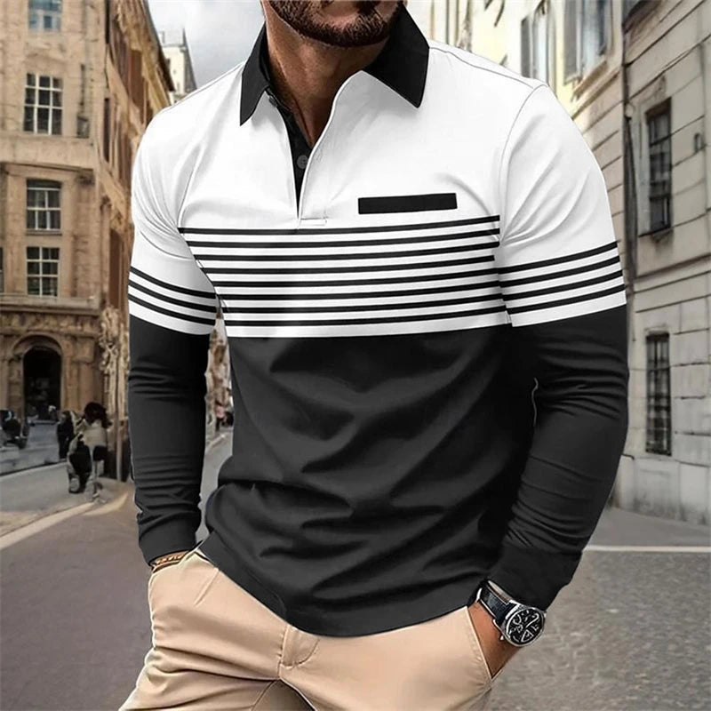 Men's Horizontal Stripes Graphic Polo Fall Winter Long Sleeve Polo Shirts Athleisure Daily Wear 3D Print Breathable Buttons Tops - LKBA