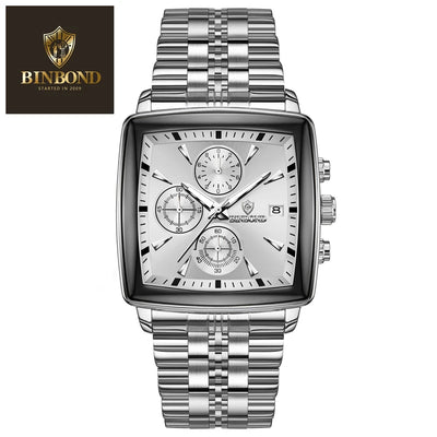 BINBOND Luxury Square Sport Man Wristwatch Waterproof Luminous Chronograph Quartz Men's Watches Stainless Steel Men Watch Reloj - LKBA