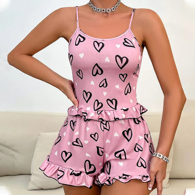 Womens' Summer Ice Silk Pink Printed Love Pajama Sexy Strap Shorts Home Clothes Set - LKBA