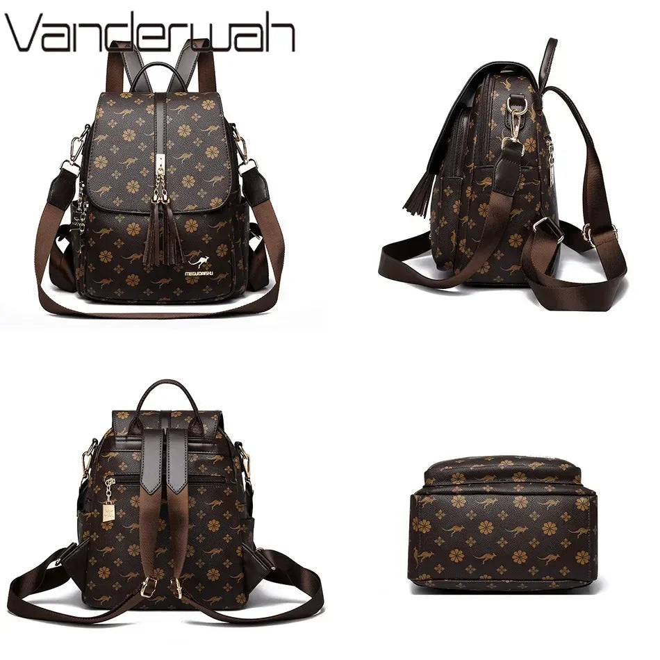 Ladies Backpack Designer High Quality Leather Women Bag Luxury Fashion Printing Tassel School Bags Large Capacity Backpacks Sac - LKBA