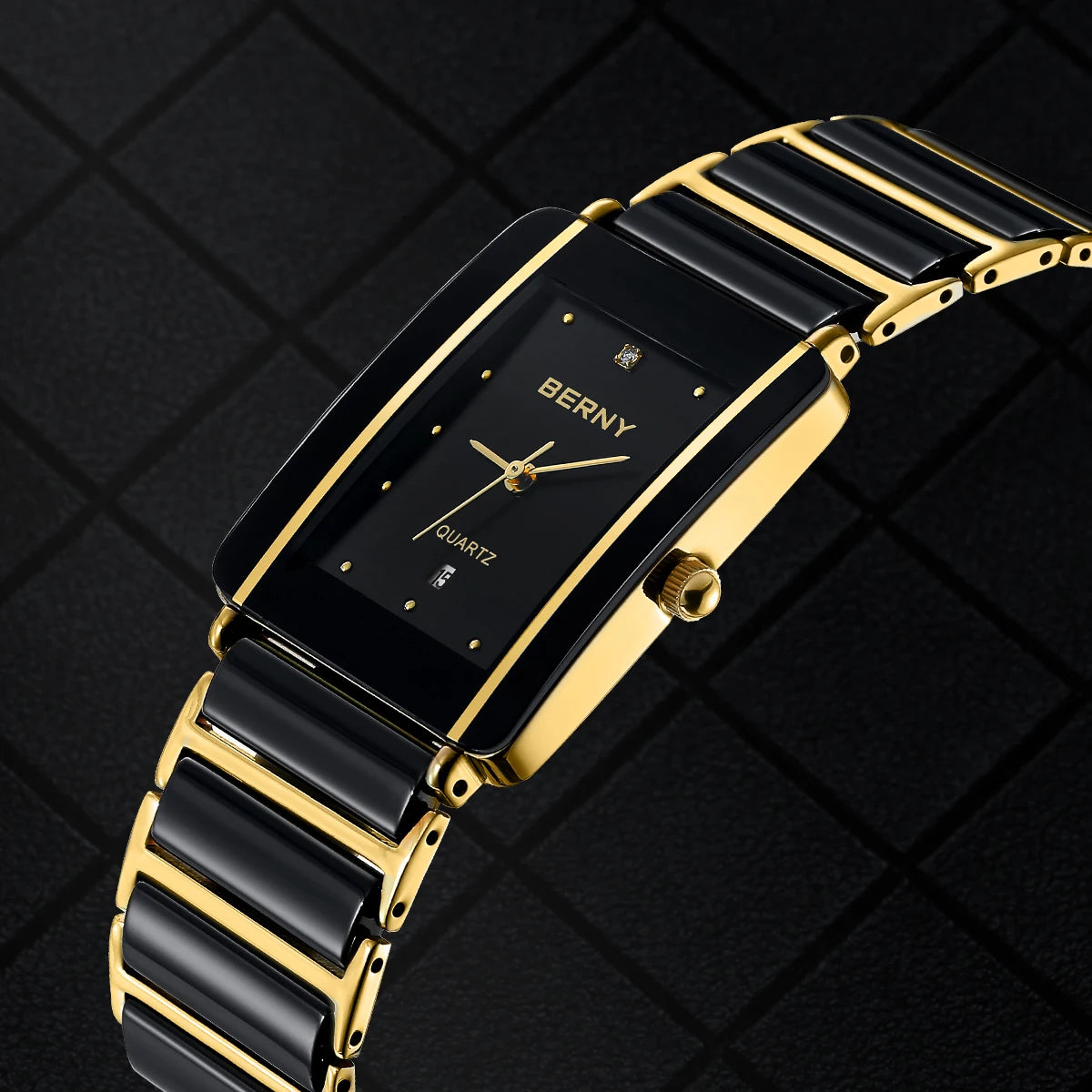 BERNY Ceramic Quartz Men Watch Fashion Luxury Rectangle Wristwatch XV12 Waterproof Calendar Diamon Black Gold Couple Gifts Watch - LKBA