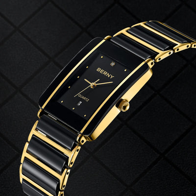 BERNY Ceramic Quartz Men Watch Fashion Luxury Rectangle Wristwatch XV12 Waterproof Calendar Diamon Black Gold Couple Gifts Watch - LKBA