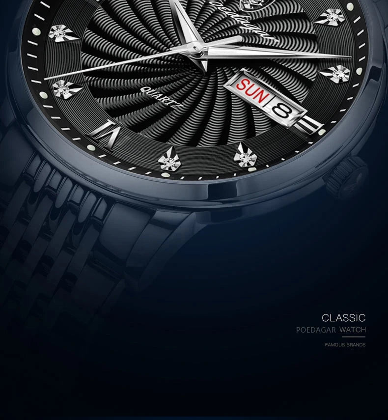 POEDAGAR Luxury Brand Man Watch Waterproof Luminous Date Week Men's Quartz Wristwatch Stainless Steel Fashion Sports Men Watches - LKBA