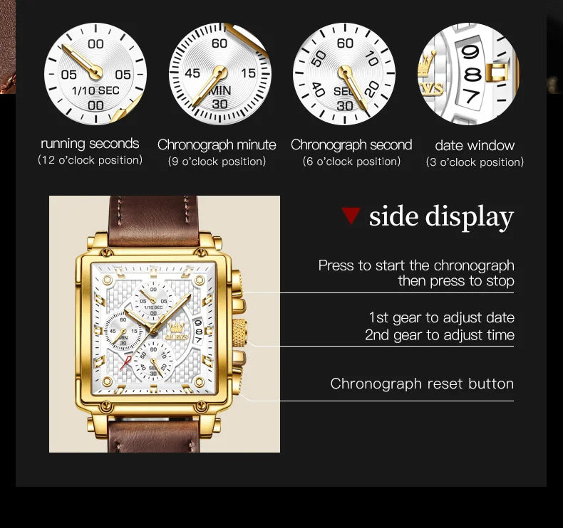OLEVS Men's Top Brand Square Quality Quartz Wristwatch Chronograph Waterproof Original Watch for Man Luminous Date Luxury - LKBA