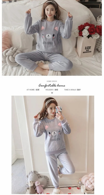 Thickened Warm Flannel Autumn and Winter Pajamas Loungewear Female Cute Cartoon Sleepwear Homewear Coral Velvet Nightwear - LKBA