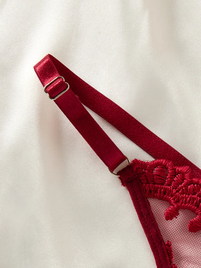 Ladies' wine-red countryside style wheat ear embroidery semitransparent nightgown - LKBA