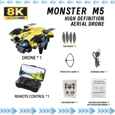M5 Drone Professional 8K Wide-Angle HD Triple Camera Wi-Fi FPV Height Hold RC Drone Aircraft Quadrotor Adult - LKBA