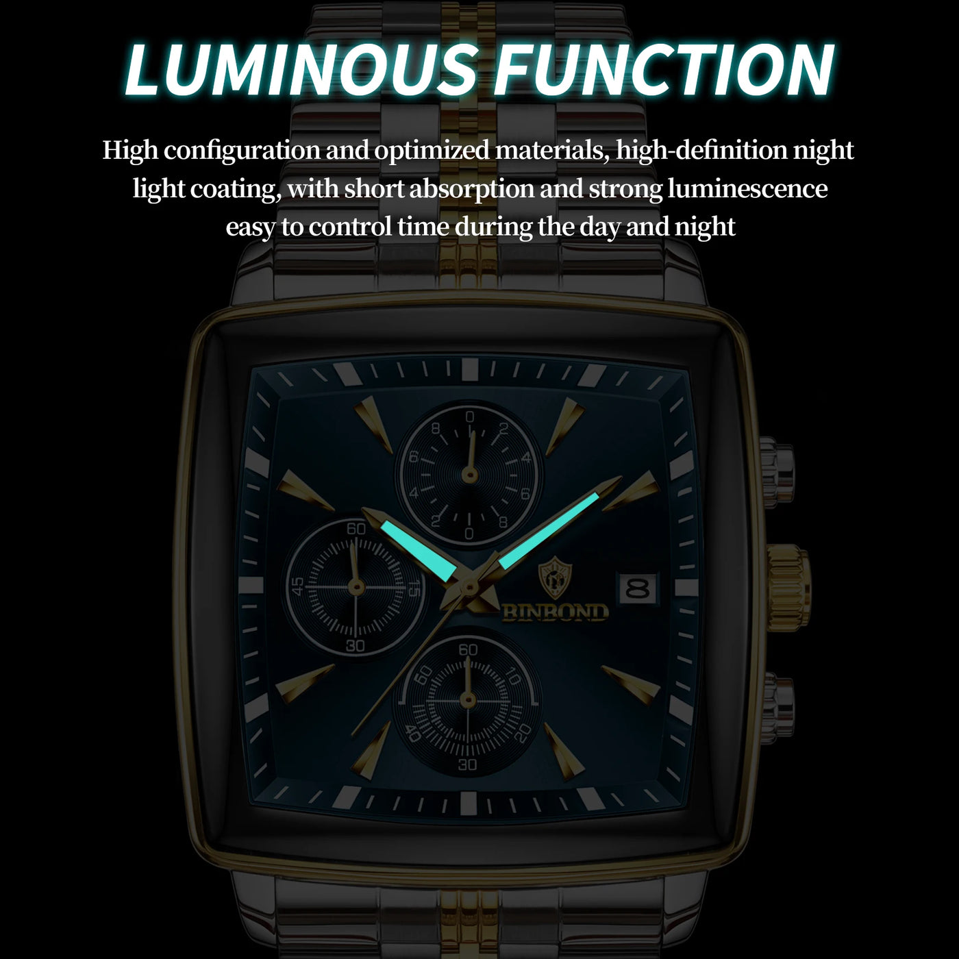 BINBOND Luxury Square Sport Man Wristwatch Waterproof Luminous Chronograph Quartz Men's Watches Stainless Steel Men Watch Reloj - LKBA