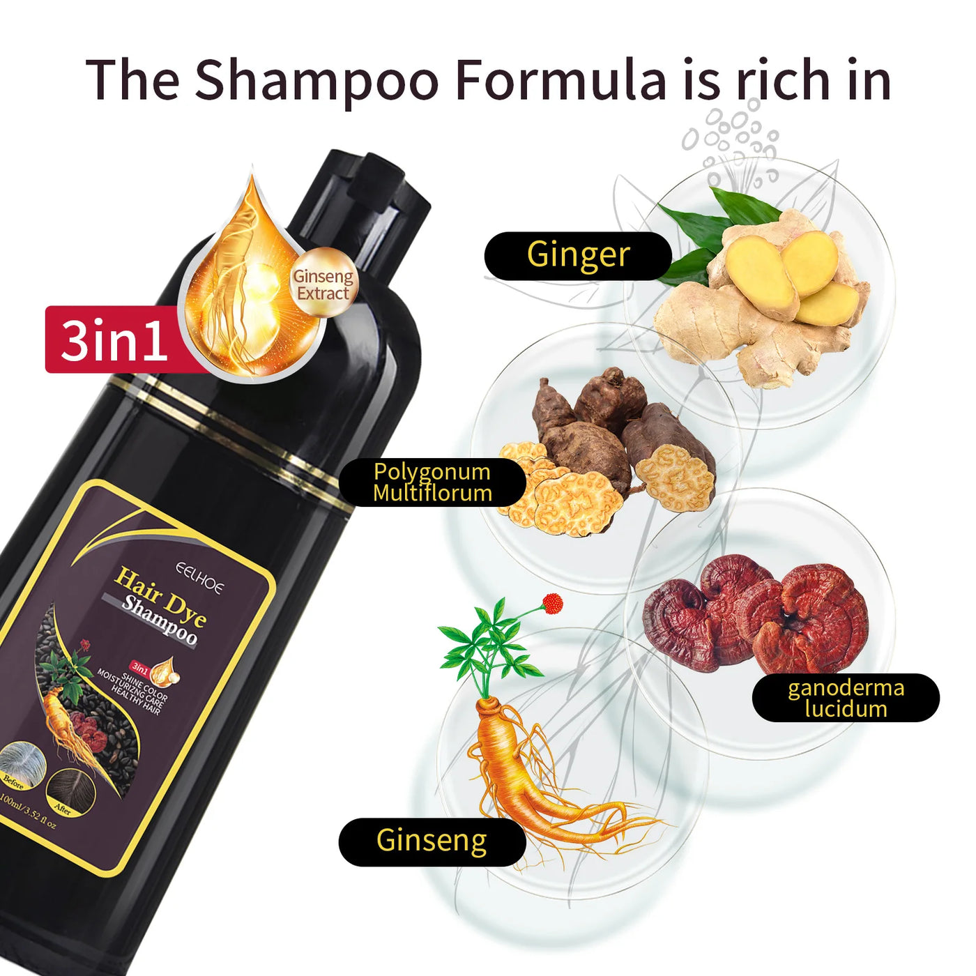 100ml/500ml Hair Dye Shampoo 3in1 Darkening Hairs Instant Gray To Black Polygonum Multiflorum Natural Coloing Cover Men Women - LKBA